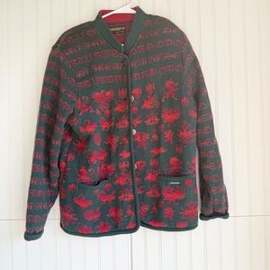 GEIGER Size L Vintage Green and Red Heraldic Print Boiled Wool Cardigan Jacket